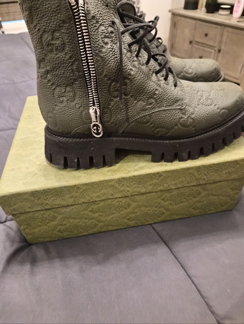 Mens Gucci Dark Olive Green Monogram Lug Sole Combat Boots - Picture 2 of 9